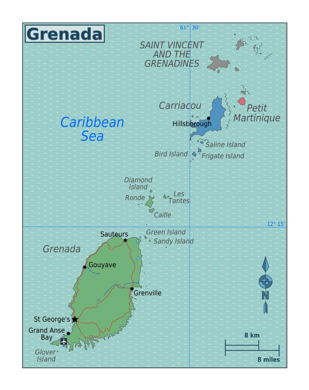 Large map of Grenada with other marks
