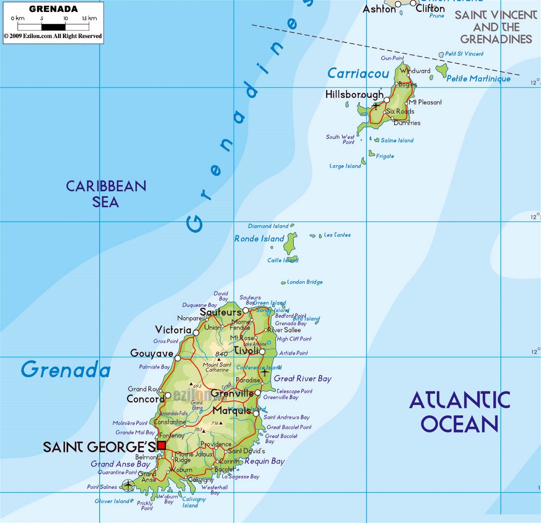 Large physical map of Grenada with roads, cities and airports