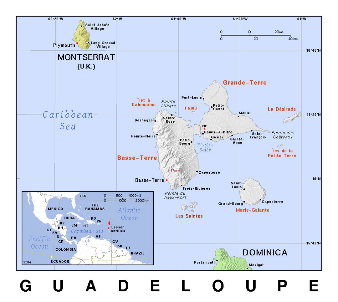 Detailed political map of Guadeloupe with relief