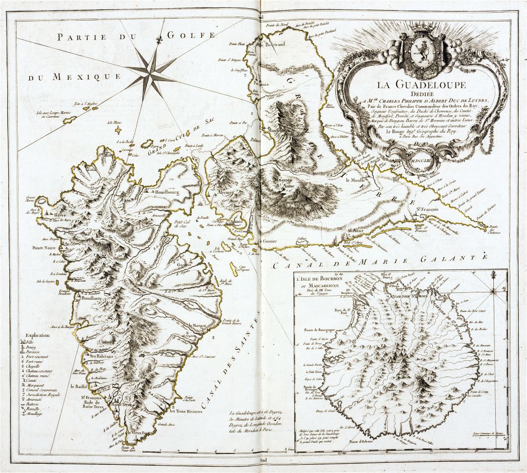 Large detailed old map of Guadeloupe with relief and other marks - 1759