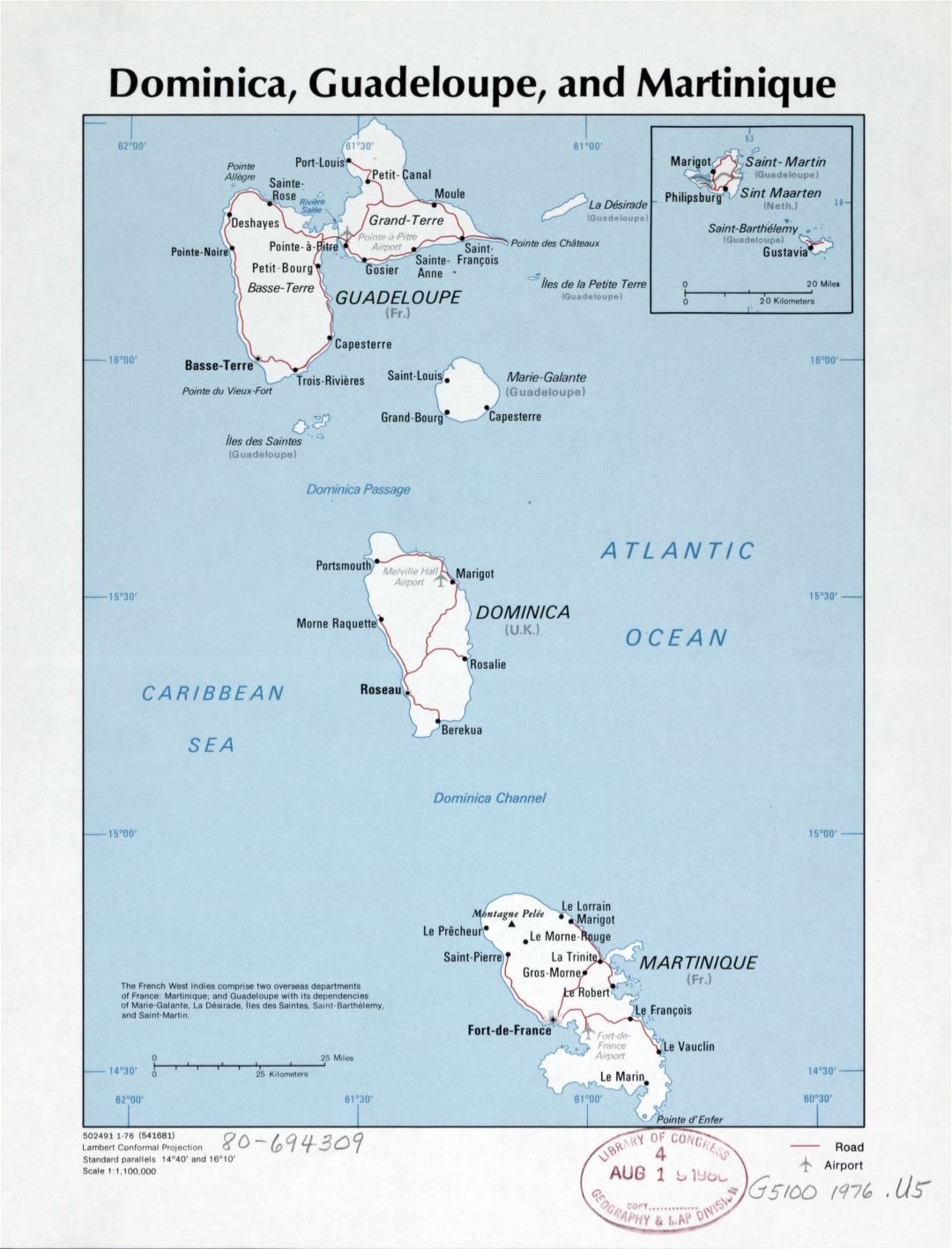 Large detailed political map of Dominica, Guadeloupe and Martinique with roads, cities and airports - 1976