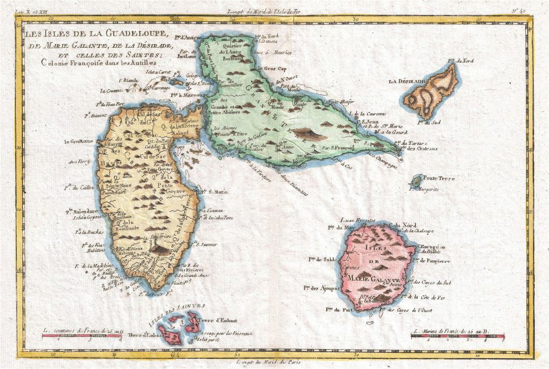 Large old map of Guadeloupe with relief and other marks - 1780