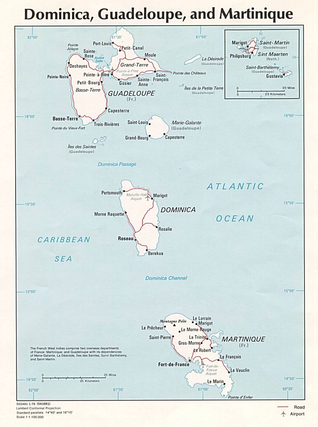 Large political map of Dominica, Guadeloupe and Martinique with roads, cities and airports - 1976