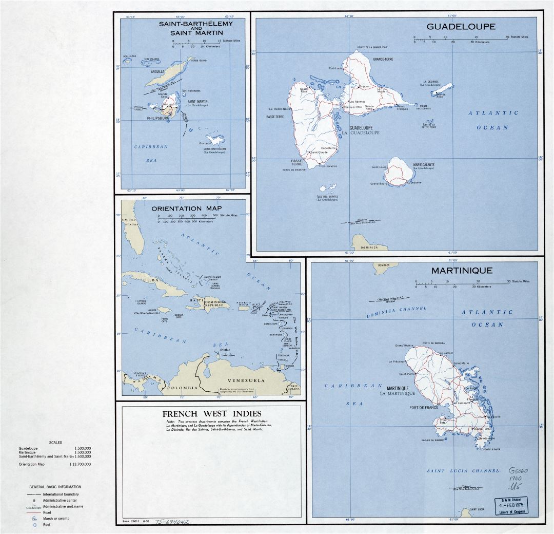 Large scale political map of French West Indies - 1960