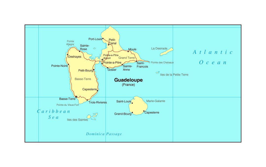Map of Guadeloupe with roads, cities and airports