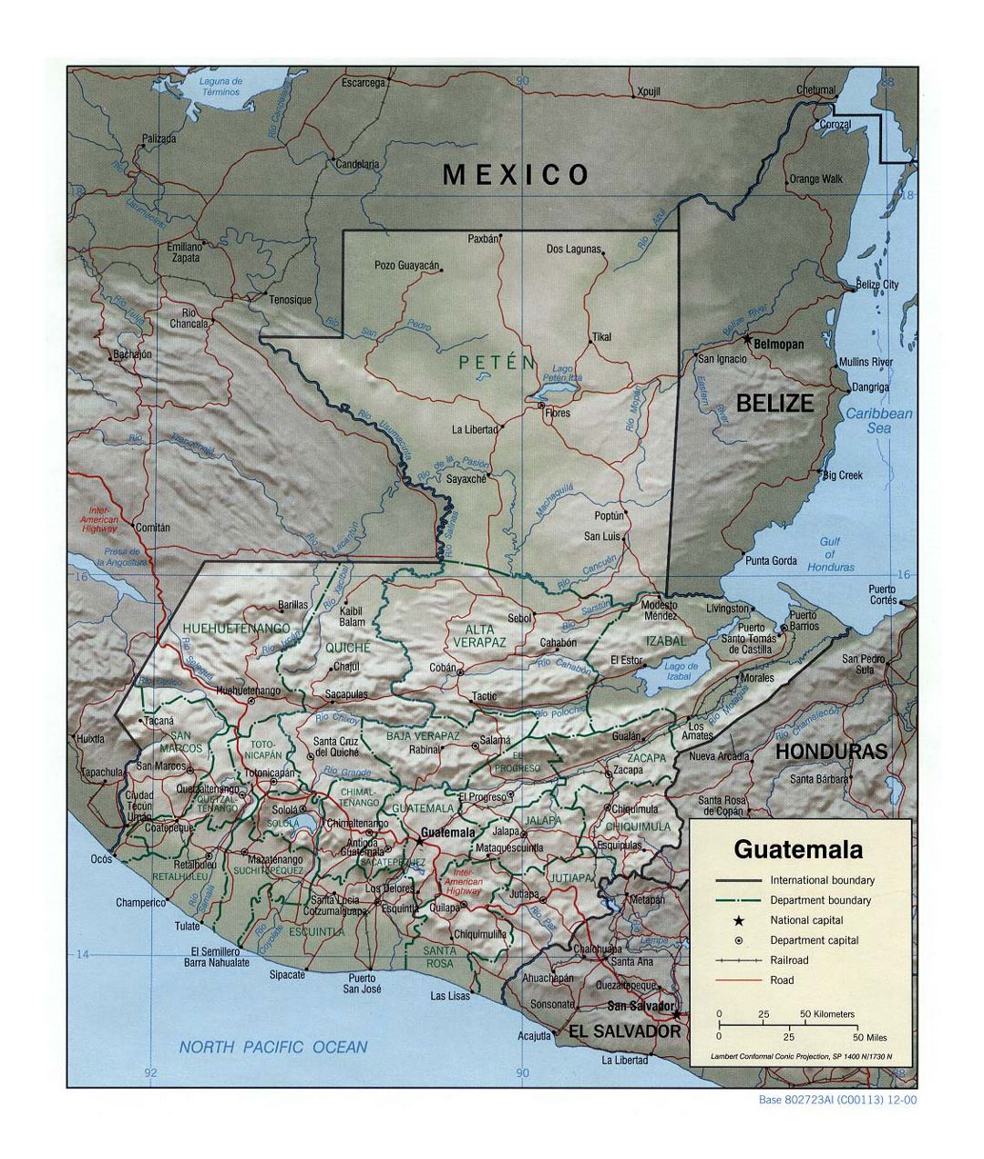 Detailed political and administrative map of Guatemala with relief, roads, railroads and major cities - 2000