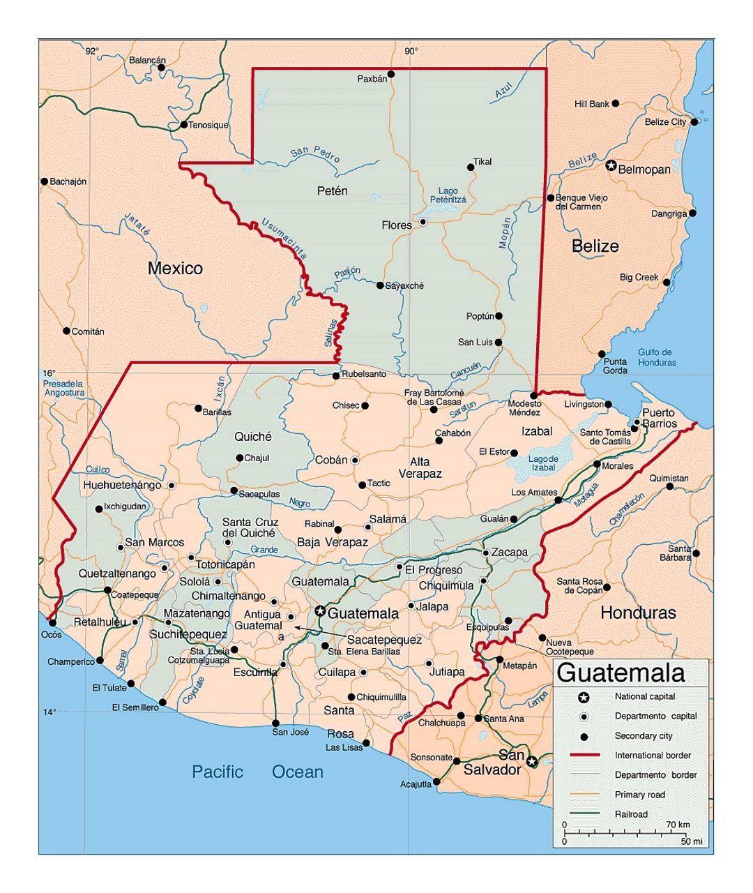 Detailed political and administrative map of Guatemala with roads, railroads and cities