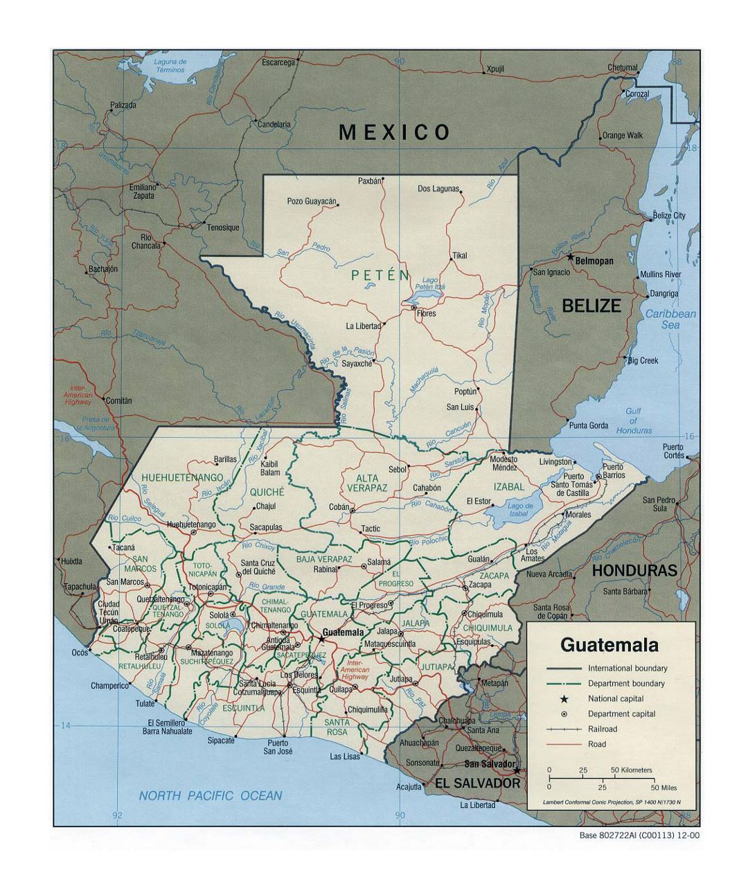 Detailed political and administrative map of Guatemala with roads, railroads and major cities - 2000