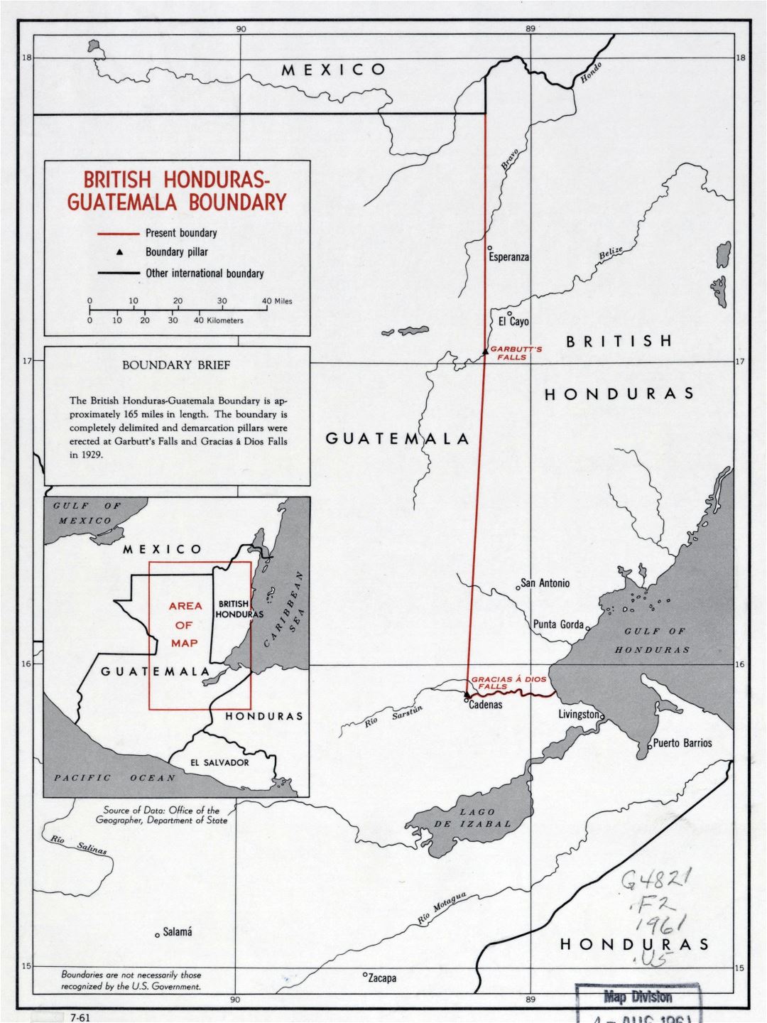 Large detailed British Honduras - Guatemala boundary map - 1961