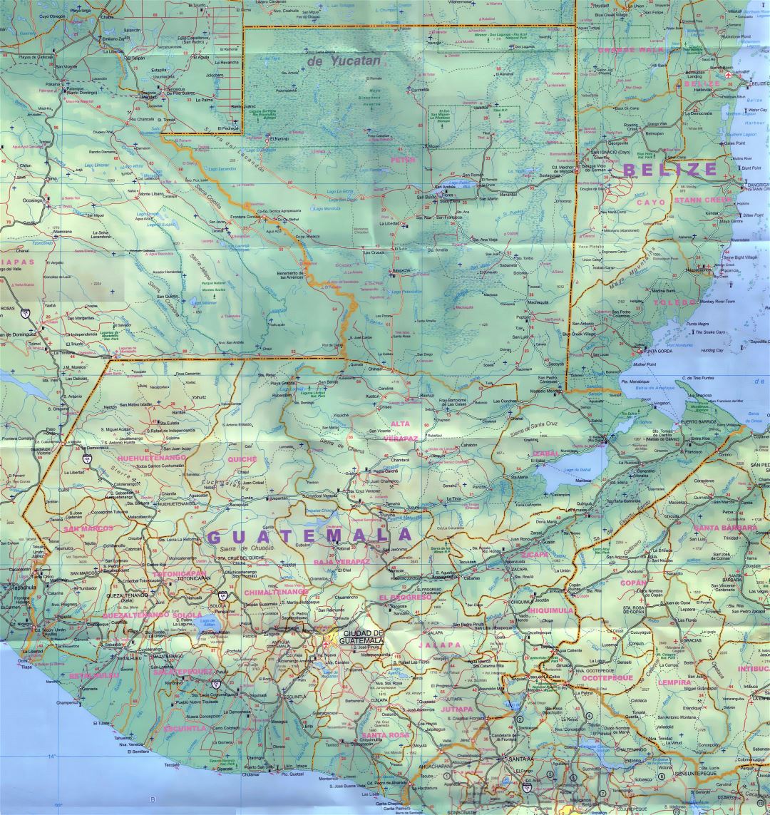 Large detailed map of Guatemala with roads, cities, airports and other marks