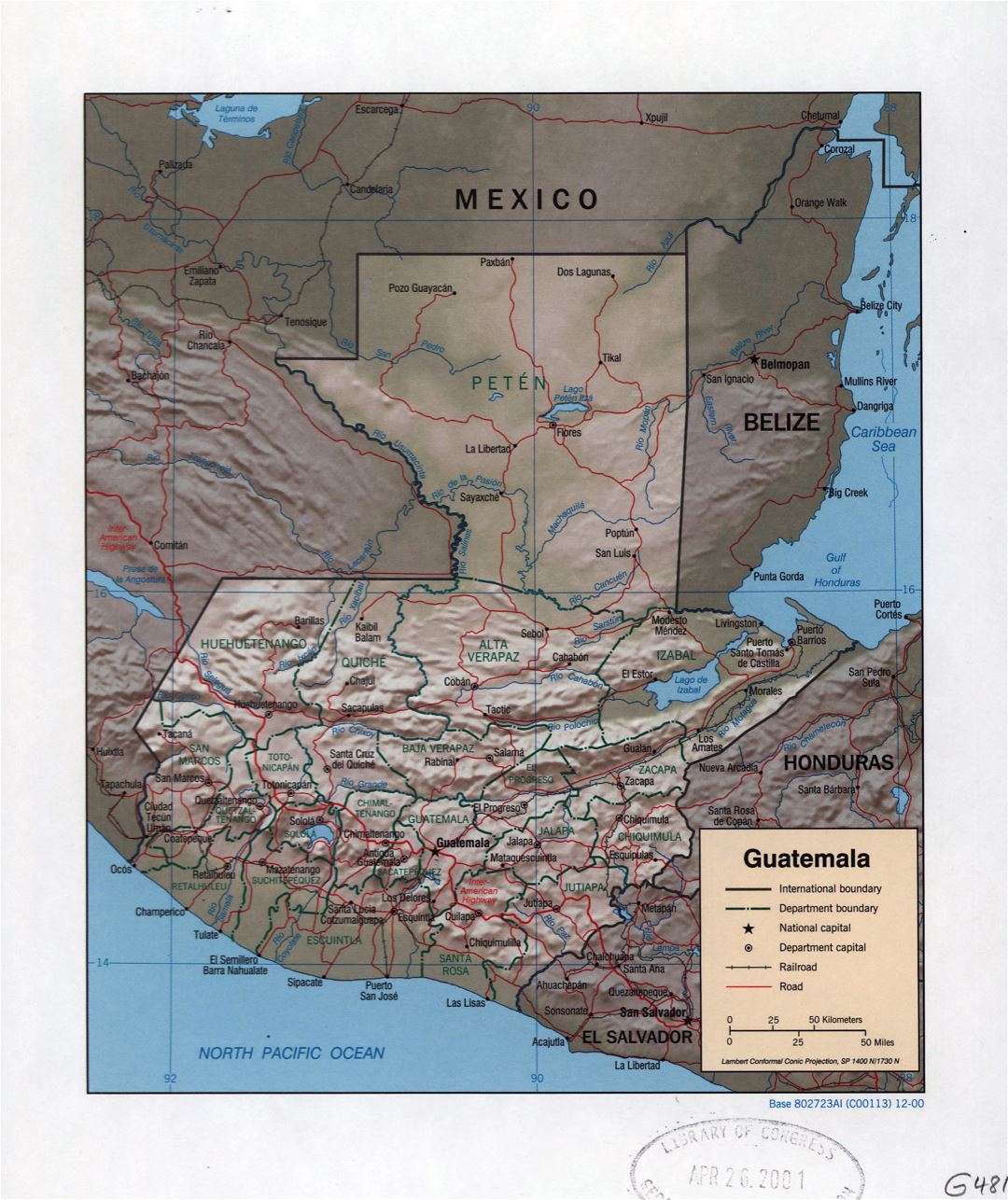 Large detailed political and administrative map of Guatemala with relief, roads, railroads and major cities - 2000