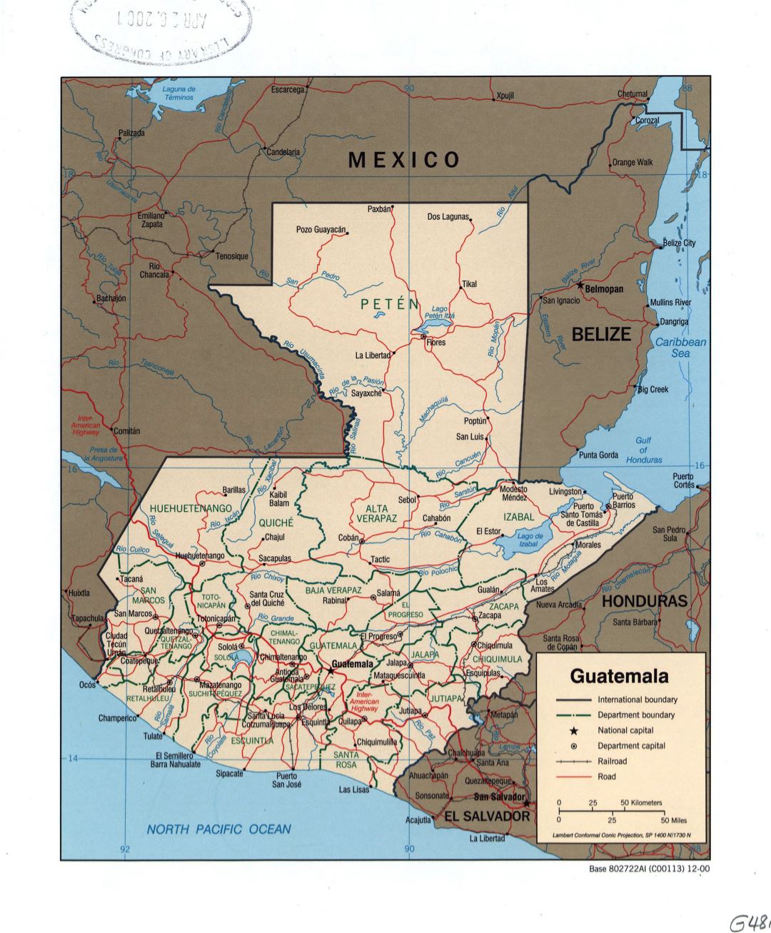 Large detailed political and administrative map of Guatemala with roads, railroads and major cities - 2000