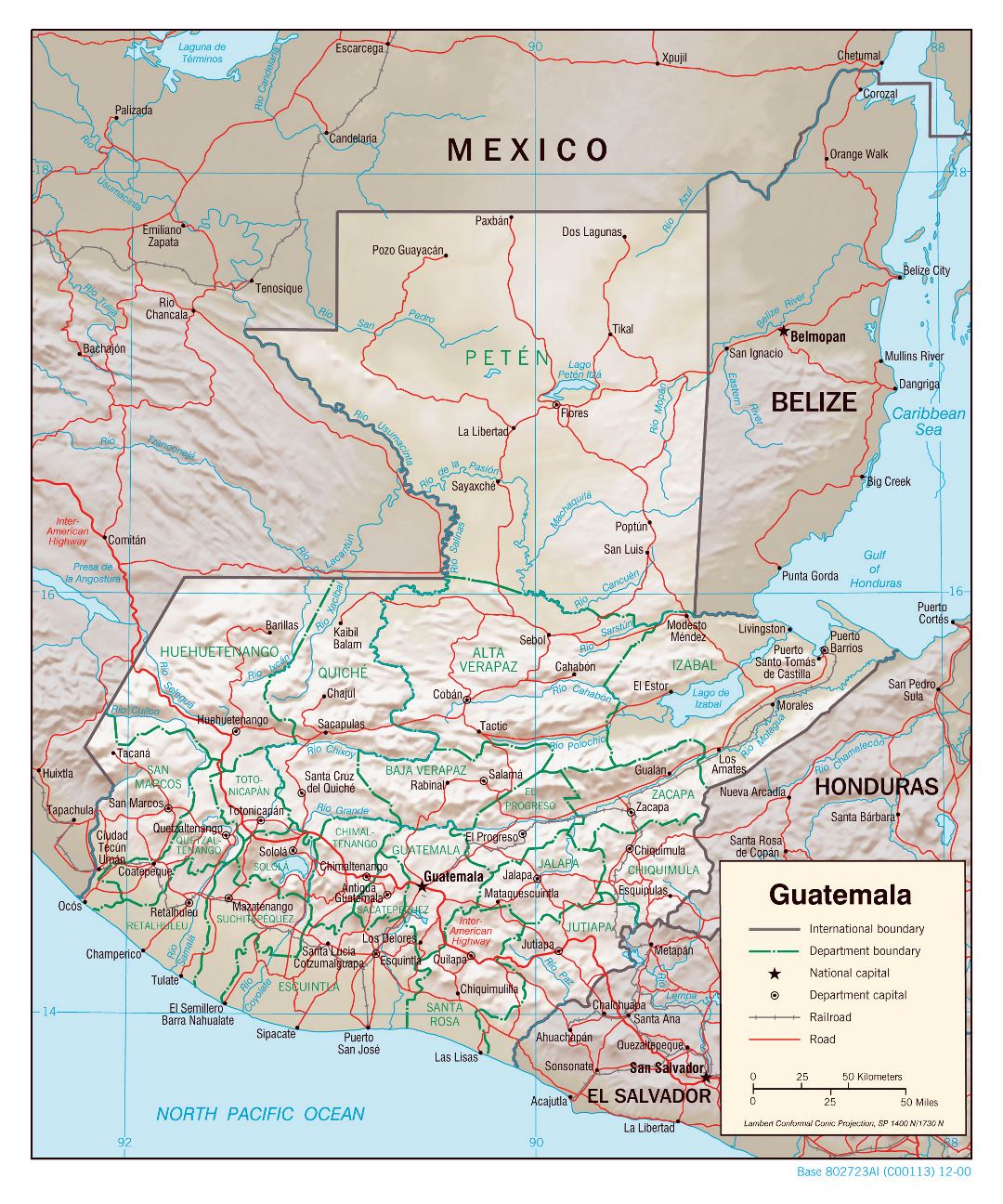 Large political and administrative map of Guatemala with relief, roads, railroads and major cities - 2000