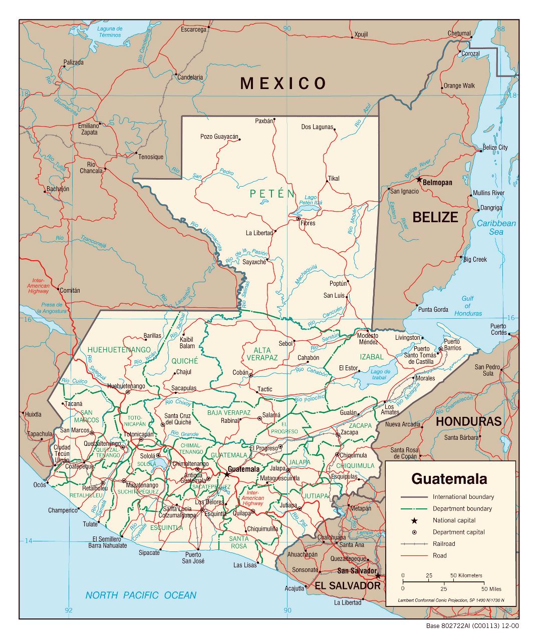 Large political and administrative map of Guatemala with roads, railroads and major cities - 2000