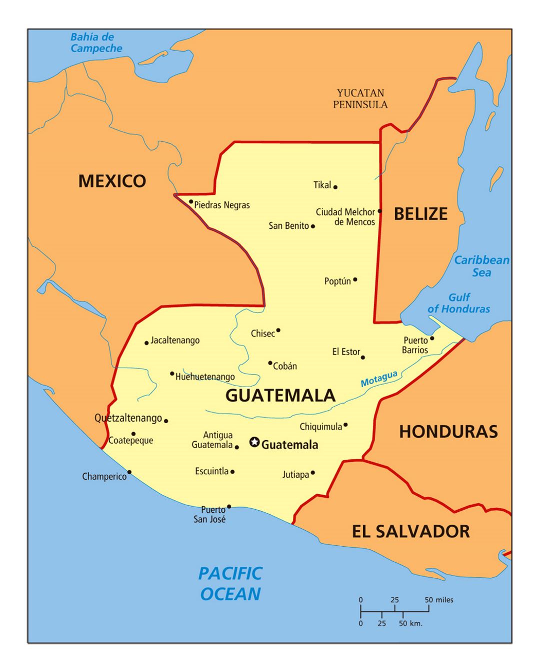 Large political map of Guatemala with cities