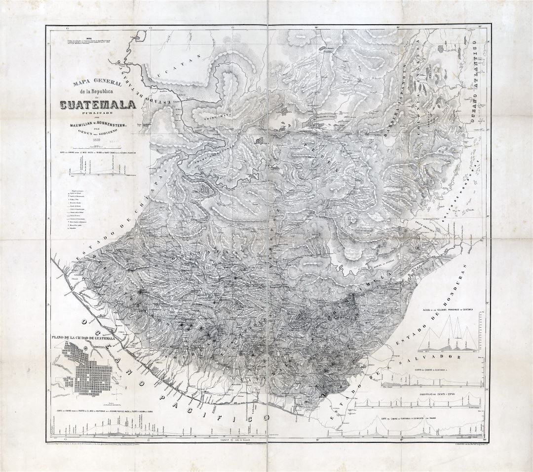 Large scale detailed old map of Guatemala with relief - 1859