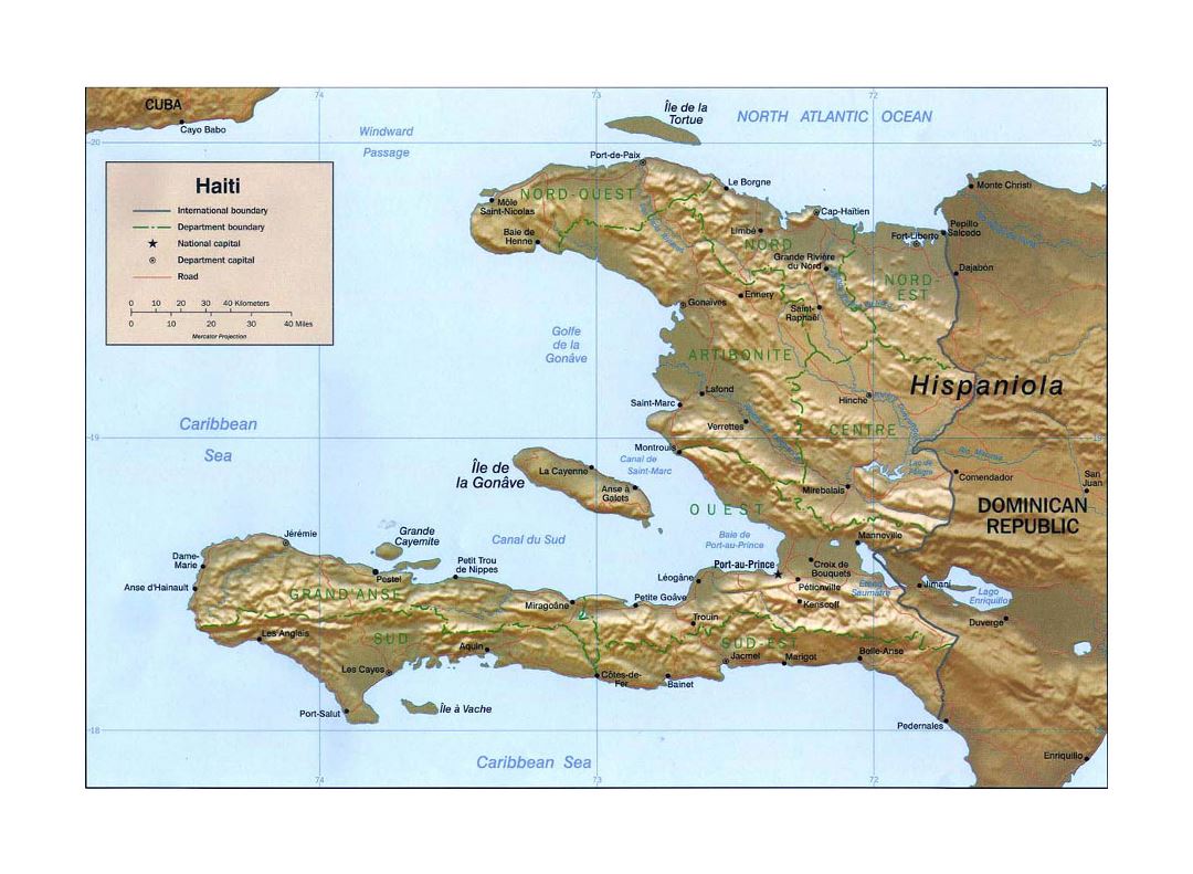 Detailed political and administrative map of Haiti with relief, roads and major cities