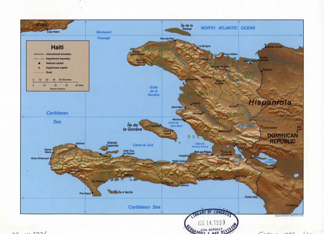 Large detailed political and administrative map of Haiti with relief, roads and major cities - 1999