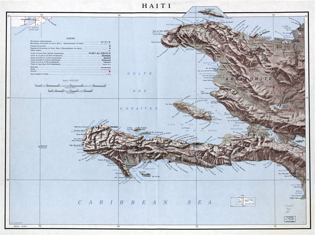 Large detailed political and administrative map of Haiti with relief, roads, railroads, airports and cities - 1962