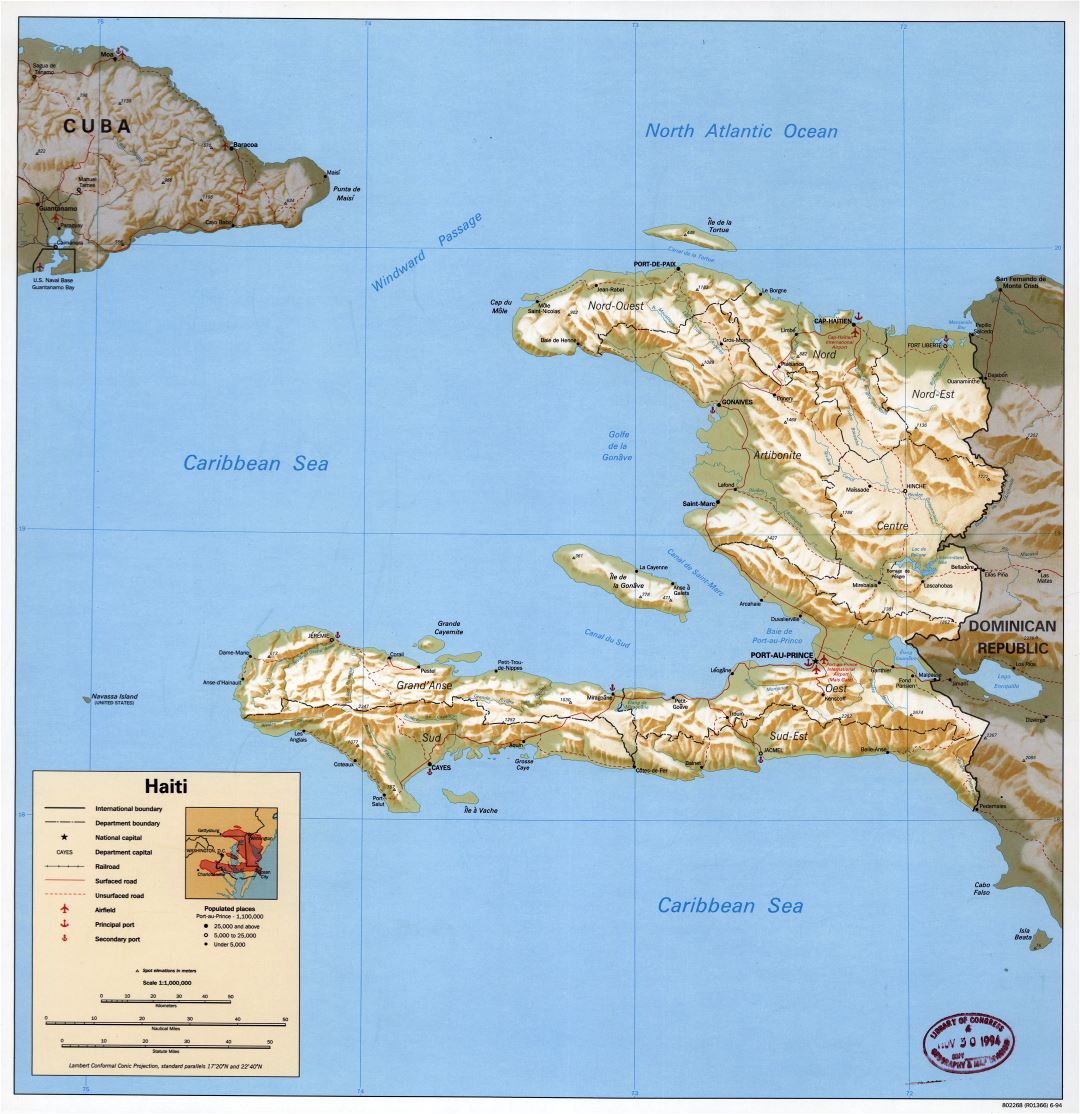 Large detailed political and administrative map of Haiti with relief, roads, railroads, ports, airports and cities - 1994