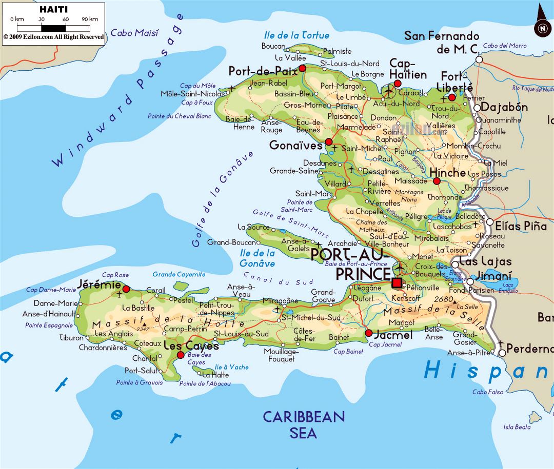 Large physical map of Haiti with roads, cities and airports