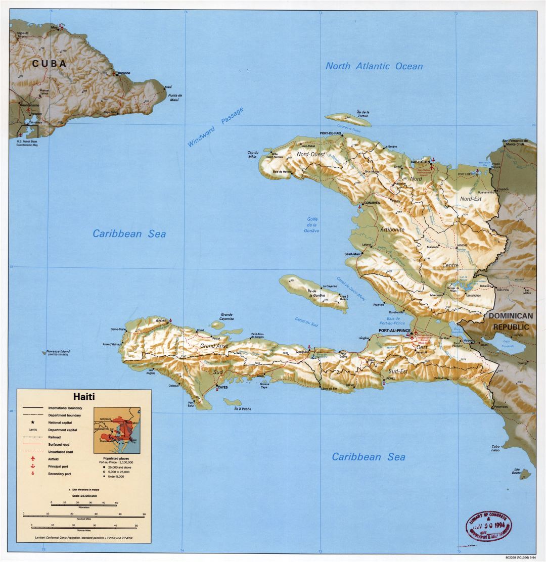Large political and administrative map of Haiti with relief, roads, railroads, sea ports, airports and cities - 1994
