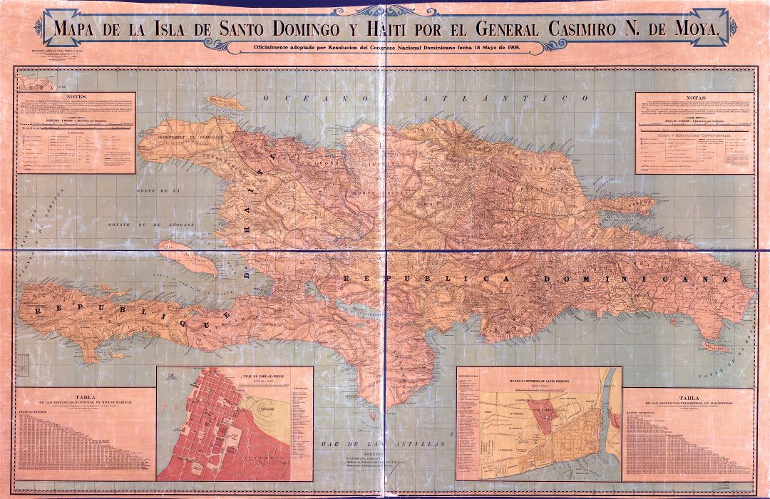 Large scale detailed old map of Santo Domingo with relief, roads and cities - 1906