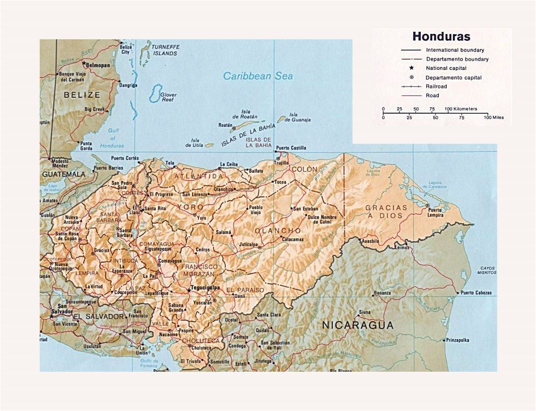 Detailed political and administrative map of Honduras with relief, roads, railroads and major cities