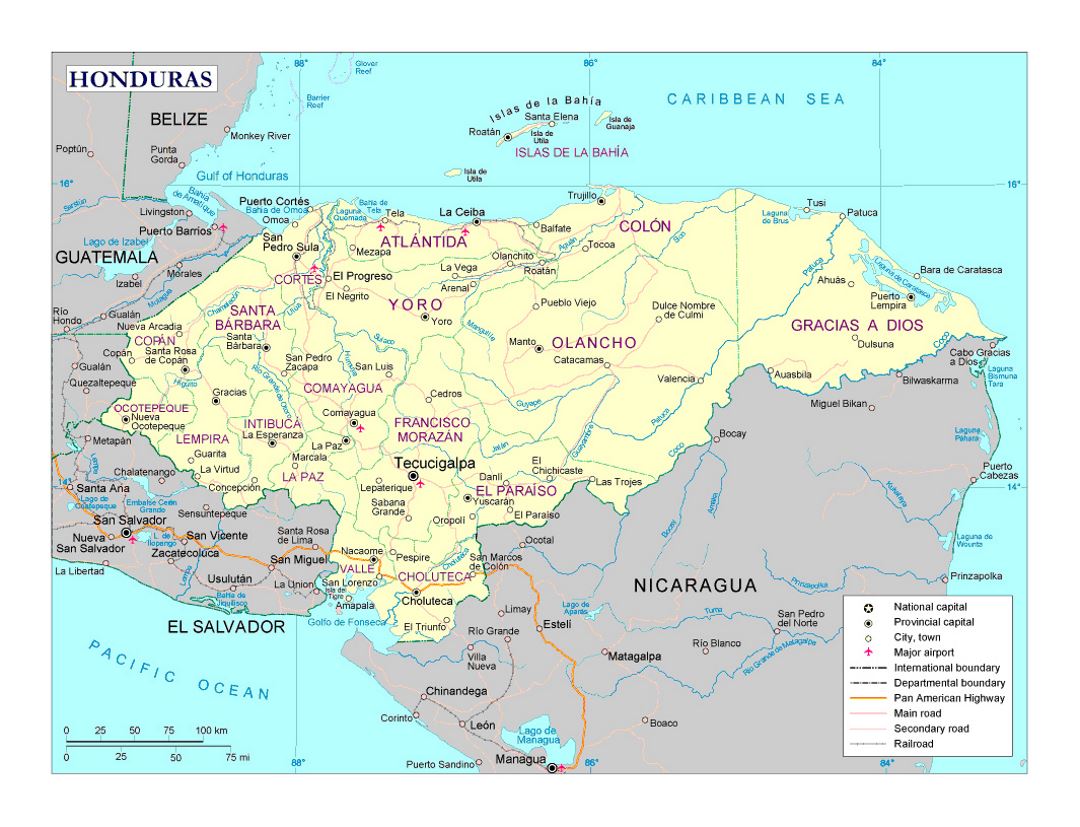 Detailed political and administrative map of Honduras with roads, railroads, cities and airports