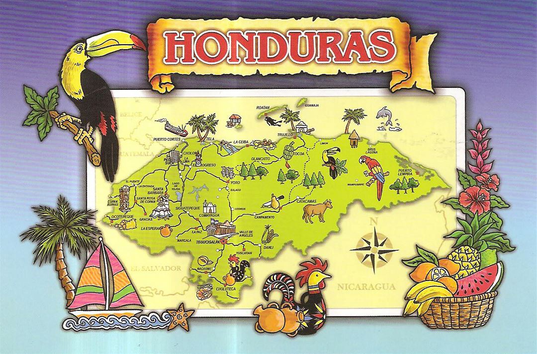 Detailed tourist illustrated map of Honduras