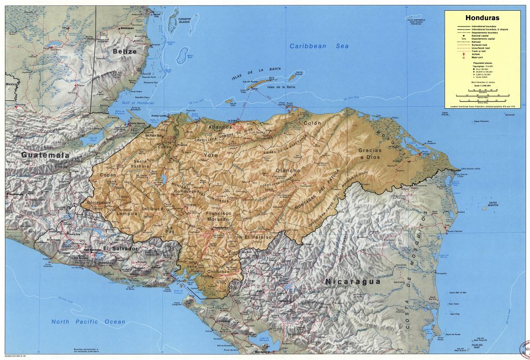 Large detailed political and administrative map of Honduras with relief, roads, railroads, cities, ports and airports - 1983