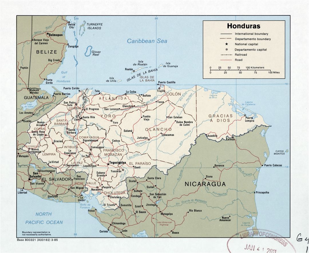 Large detailed political and administrative map of Honduras with roads, railroads and major cities - 1985
