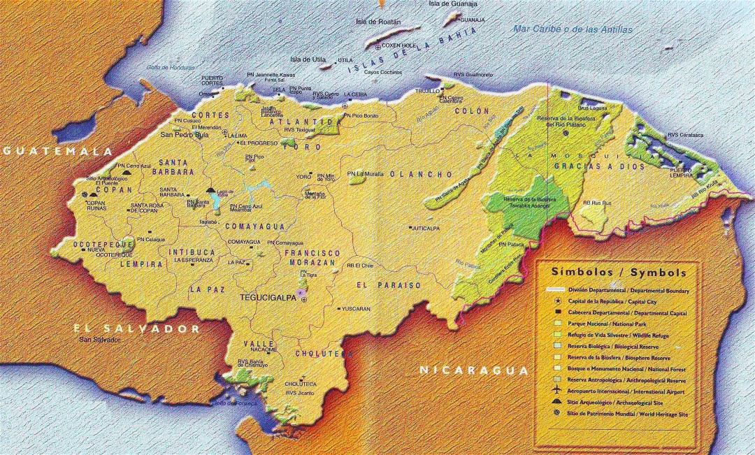 Large detailed tourist map of Honduras with administrative divisions and other marks