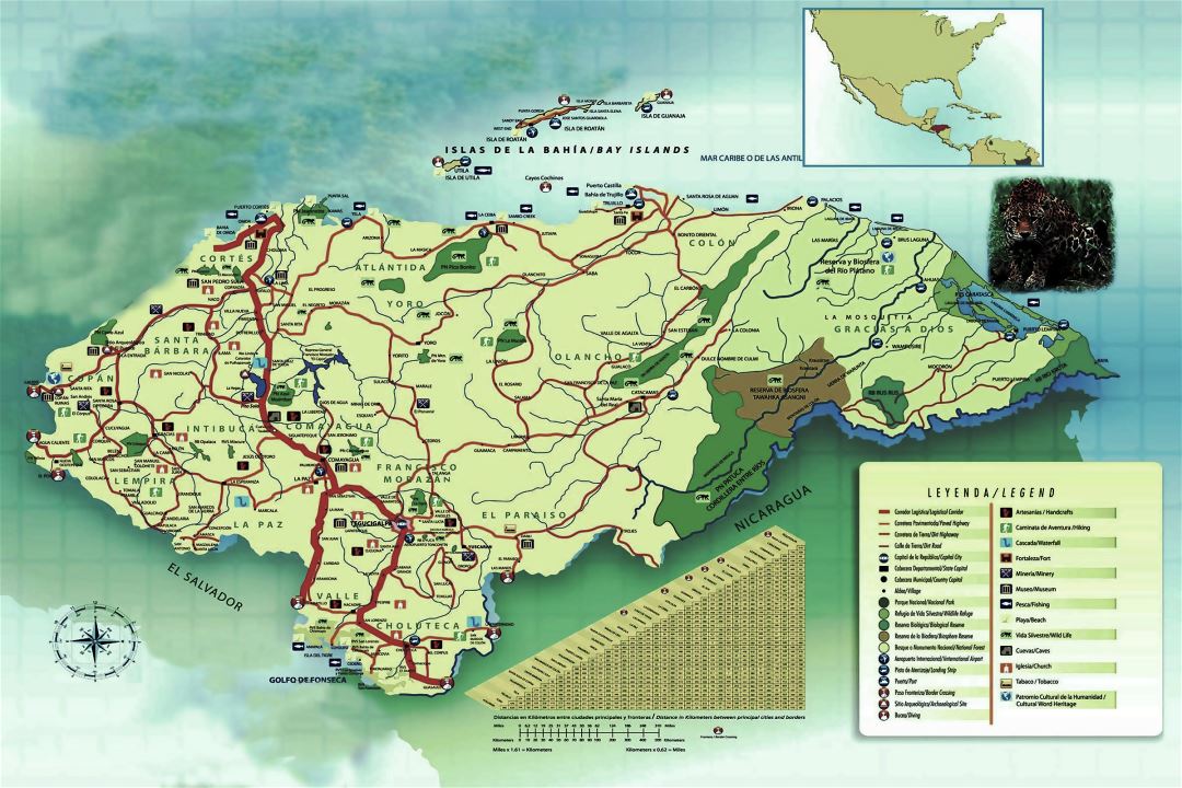 Large detailed travellers map of Honduras