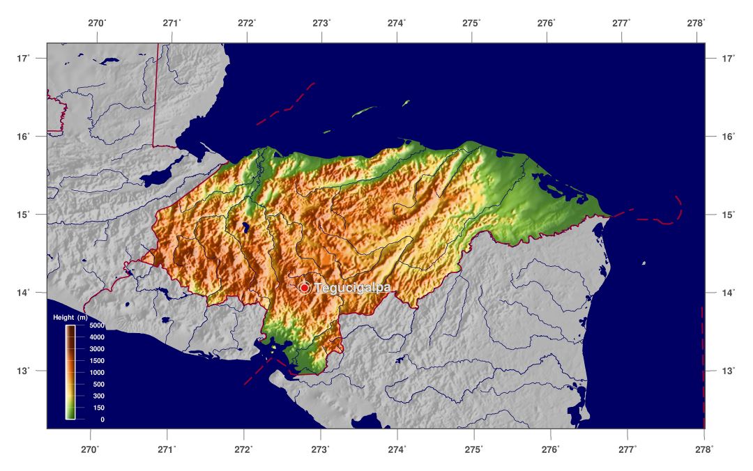 Large physical map of Honduras