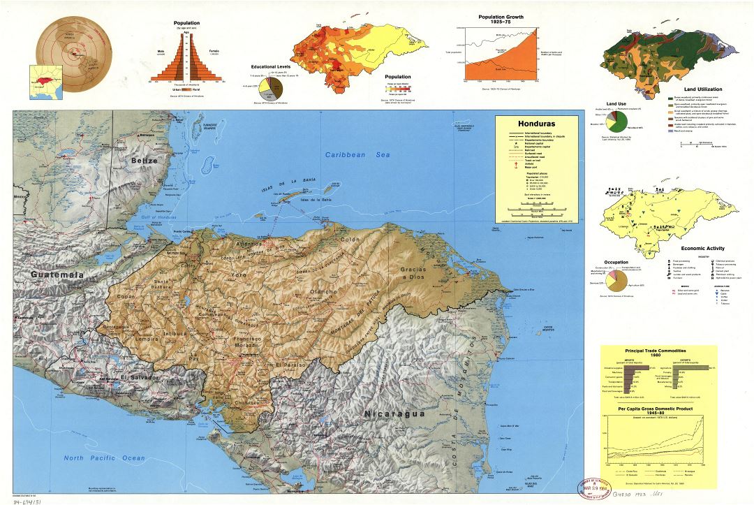 Large scale country profile map of Honduras - 1983