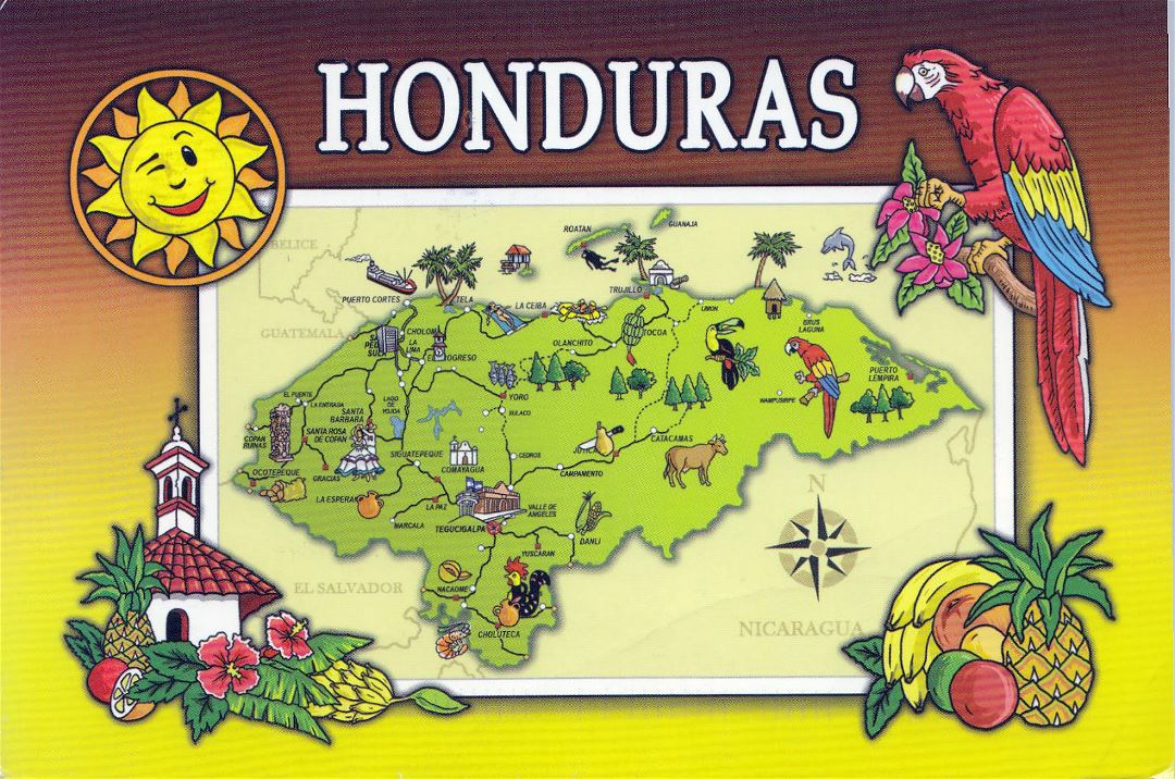 Large tourist illustrated map of Honduras