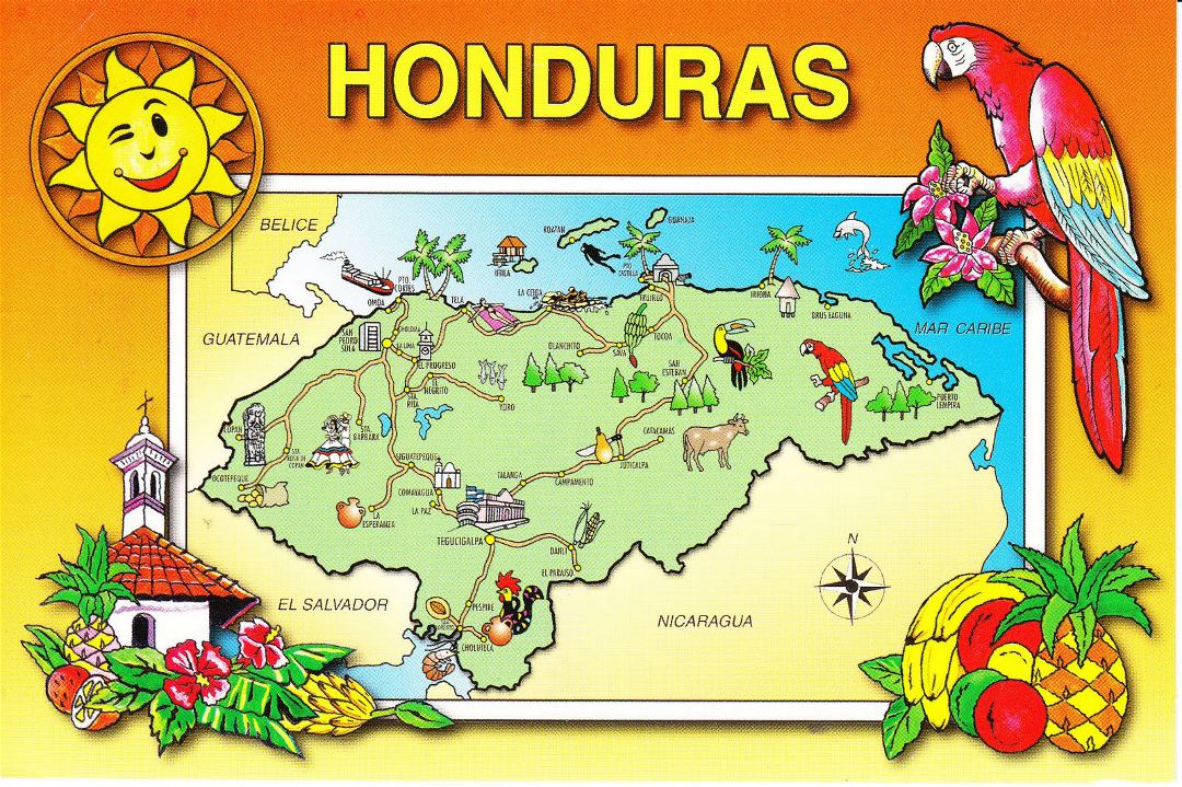 Large tourist illustrated map of Honduras with roads and cities