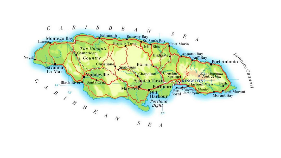 Detailed elevation map of Jamaica with roads, railroads, cities and airports