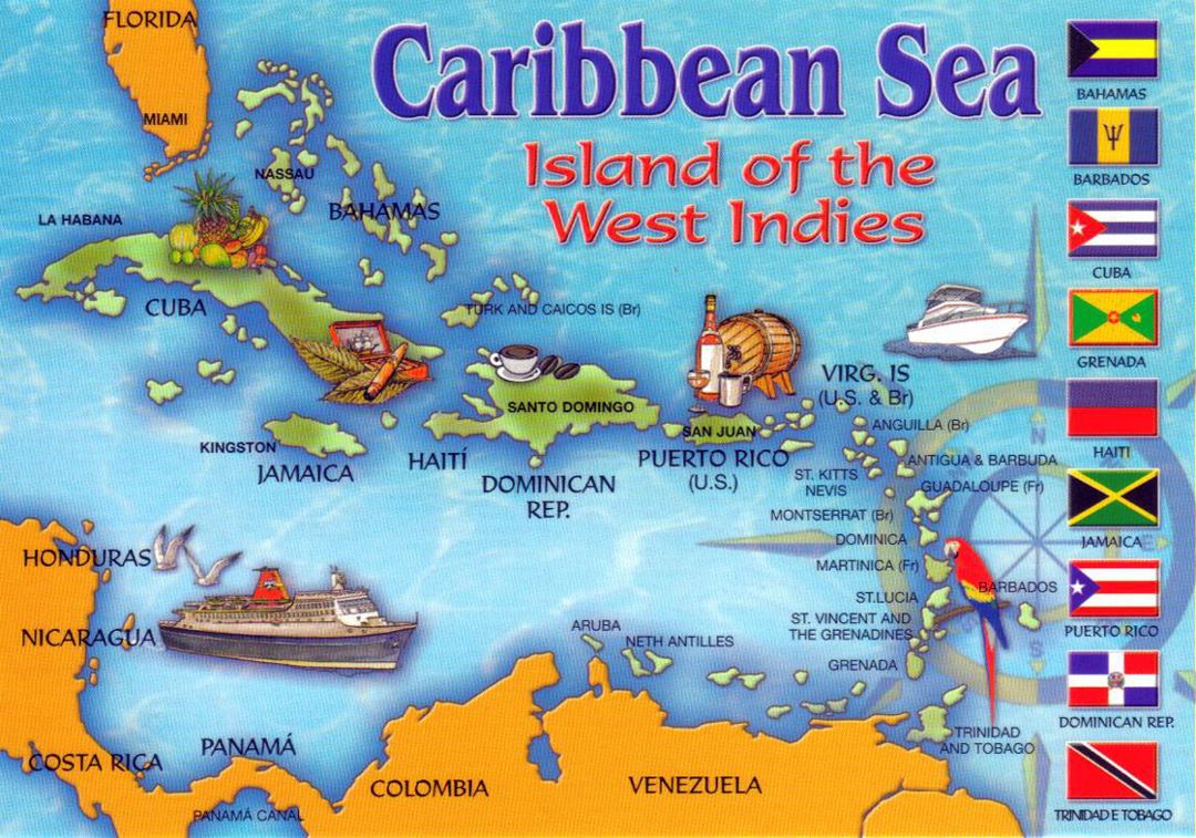 Detailed tourist illustrated map of the Carribean Sea