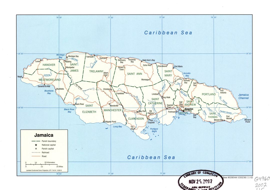 Large detailed political and administrative map of Jamaica with roads, railroads and major cities - 2002