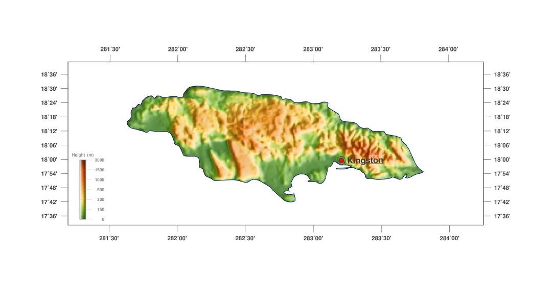 Large elevation map of Jamaica with capital