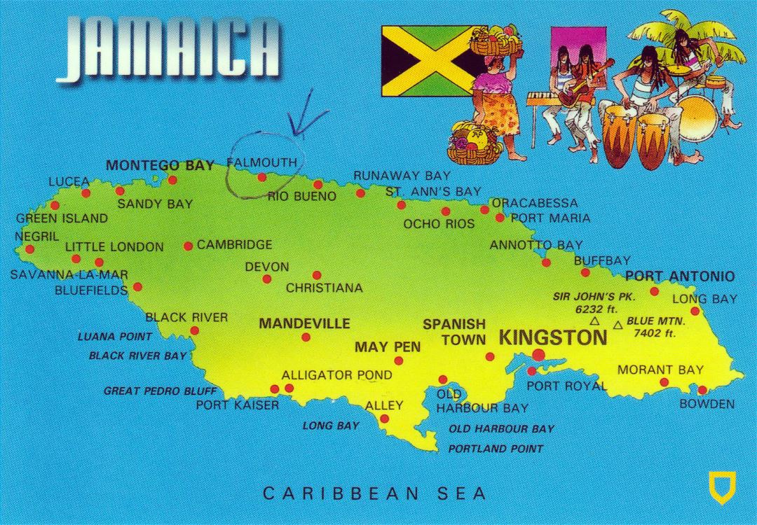 Large map of Jamaica with cities
