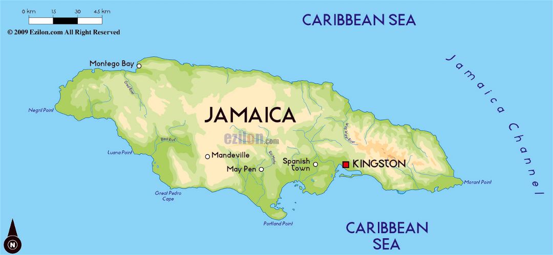 Large physical map of Jamaica with major cities