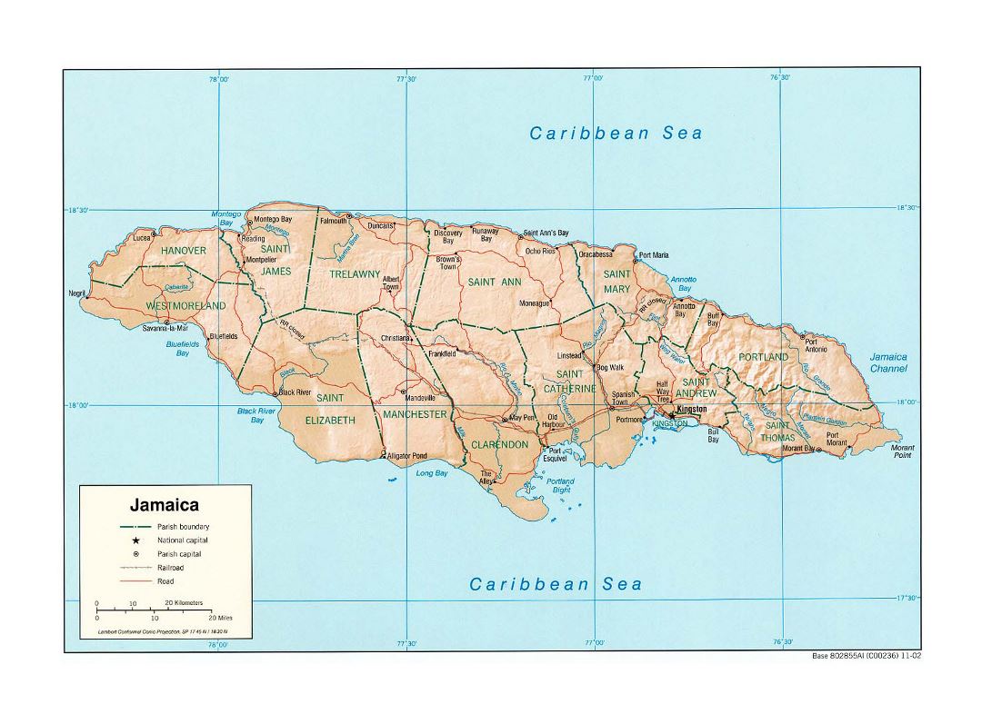 Large political and administrative map of Jamaica with relief, roads, railroads and cities - 2002