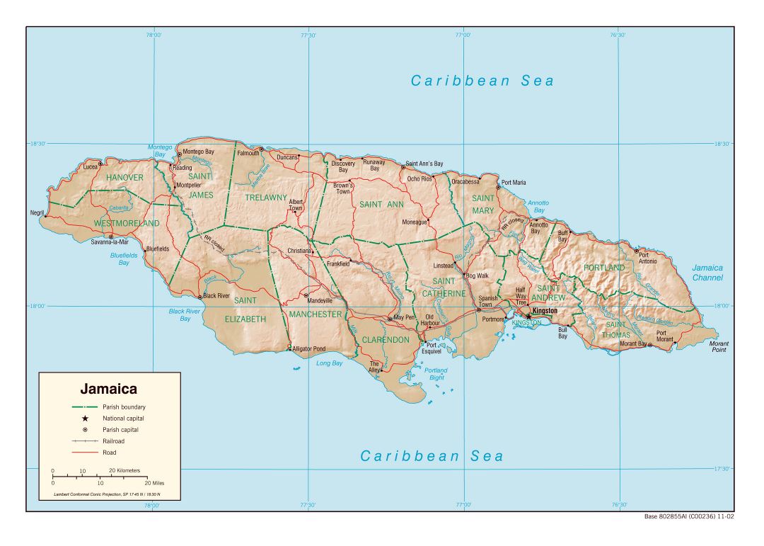 Large political and administrative map of Jamaica with relief, roads, railroads and major cities - 2002