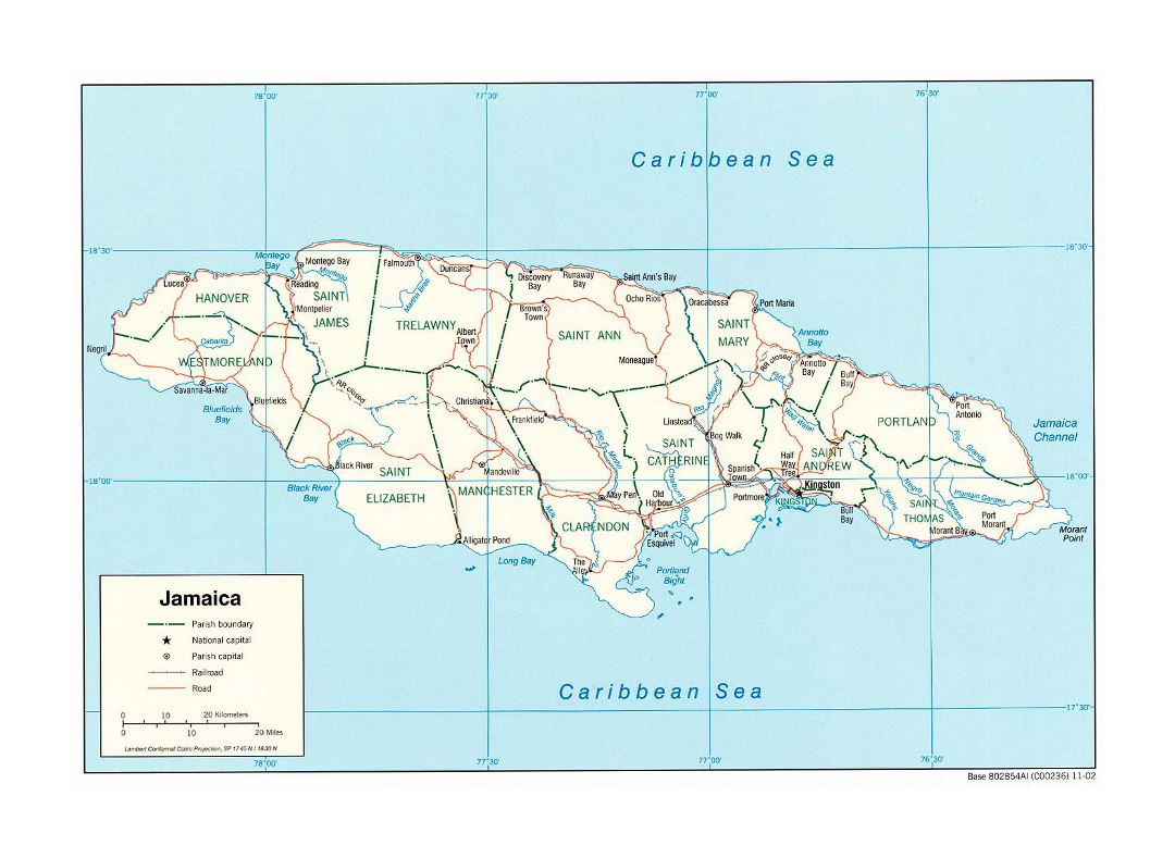 Large political and administrative map of Jamaica with roads, railroads and cities - 2002