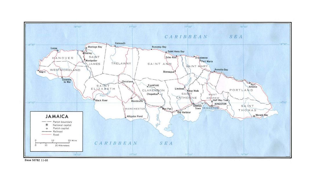 Large political and administrative map of Jamaica with roads, railroads and major cities - 1968