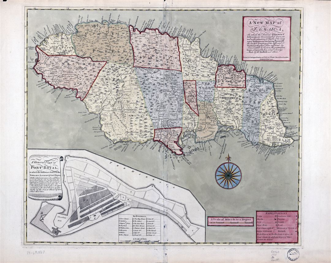 Large scale detailed old map of Jamaica with administrative divisions and other marks - 1771