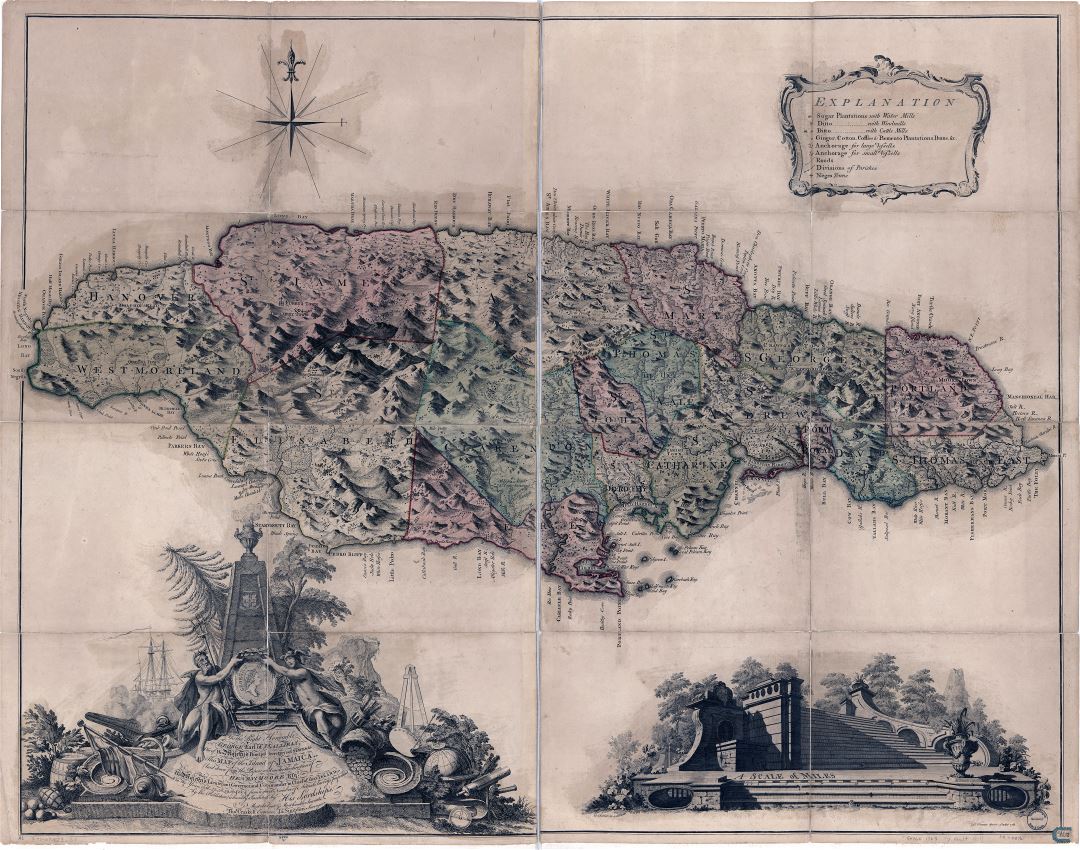 Large scale detailed old map of Jamaica with relief and other marks - 1763